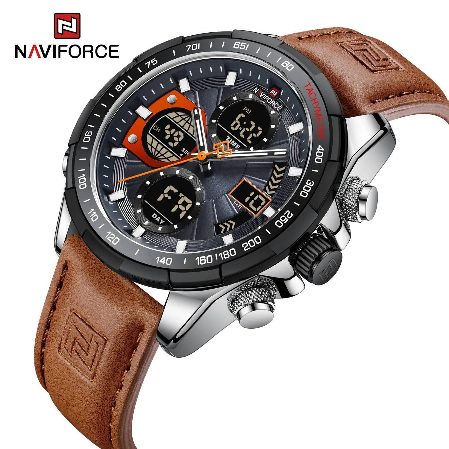 Japan Quartz Chronograph Mens Watch Black Bezel And Dial Brown Leather Strap Made in China B2