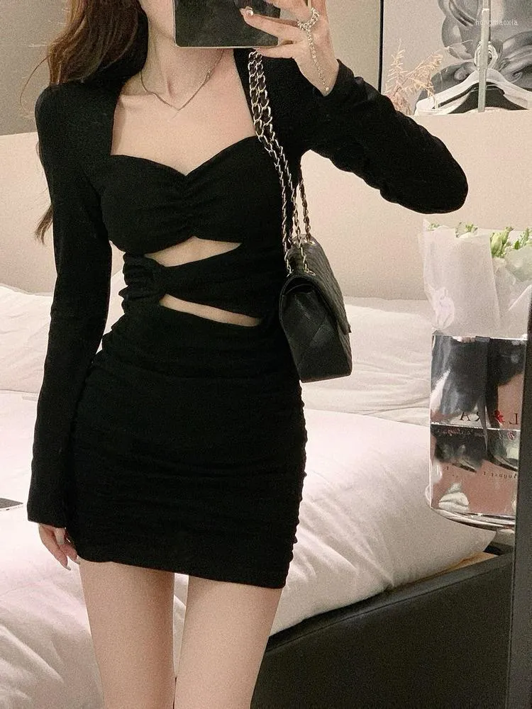 Casual Dresses Black Bodycon Dress Women 2023 Autumn Long Sleeve Short Party Office Lady Pure Color Elegant Vintage Mini Korean