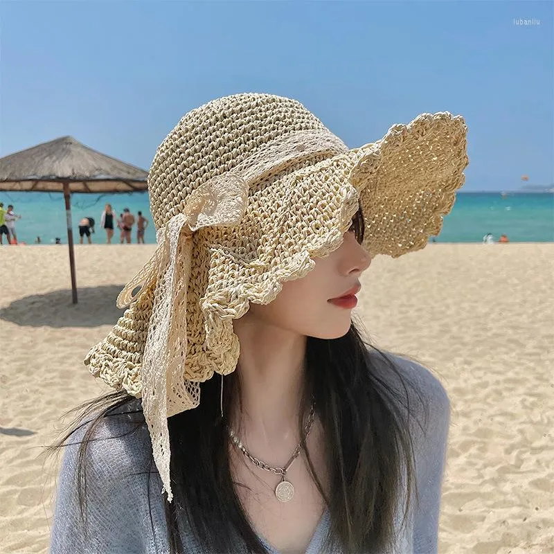 Cappelli a tesa larga OMEA Estate Cappello di paglia Pizzo Spiaggia Donna Coreano Nastro antivento Pieghevole Sole Elegante Lolita Secchiello per le vacanze