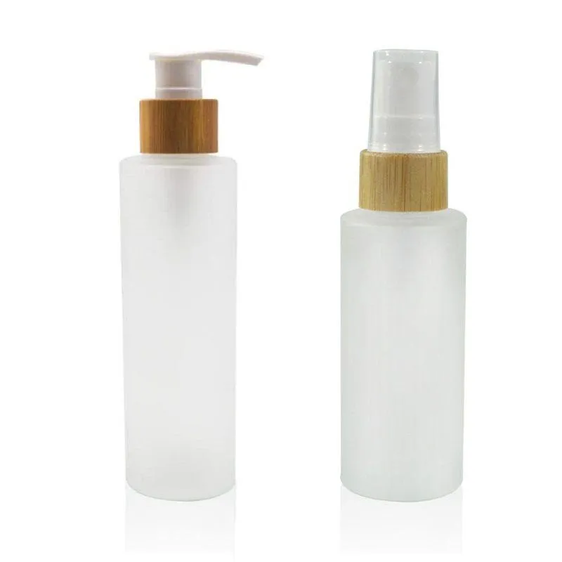 50ml 100ml 120ml 150ml Flat Shoulder Frosted Glass Spray Pump Bottles with Bamboo Lid for Skin Care Serum Lotion Shampoo Shower Gel Toi Lucg