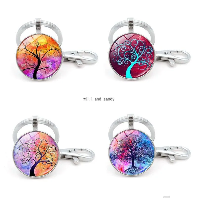 Nyckelringar Tree of Life Glass Cabochon Ring Time Gem Keychain Hanging Fashion Jewelry Will and Sandy Drop Delivery Dhwnt