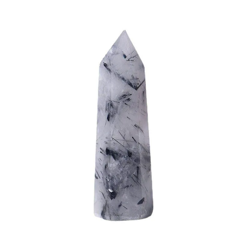 Natural black hair crystal Arts Pillar Quartz Point Obelisk Wand Healing Crystals ink painting home decoration ornaments Runll