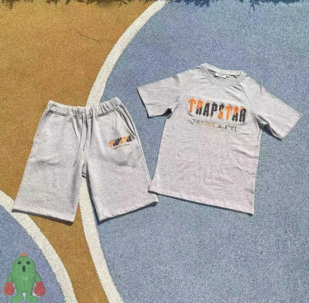 Herren T-Shirts Männer Frauen Trapstar T-Shirts Sommer Outfit Orange Grau Handtuch Stickerei Kurzarm Paar Top T-Shirt Set Tidal Flow Design 589ess