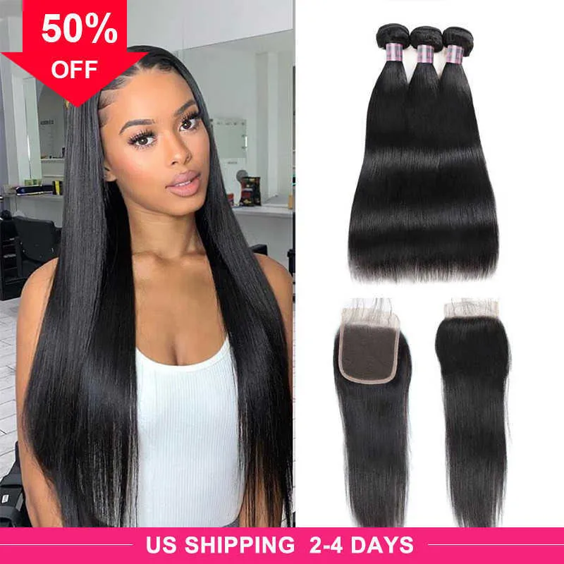 La fille une perruque Bundles 8-28inch Extensions Vierge humaine avec fermeture à lacet Weave Water Curly Body Ishow Deep 9a Loose 3 / 4pcs Straight for Women Natural Black Wefts