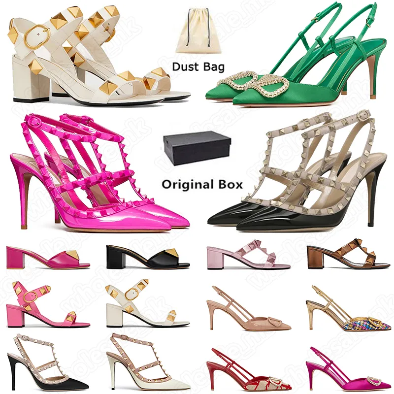 2023 designer vrouwen luxe sandalen jurk schoenen beroemde stud valentinoy hoge hakken lederen klinknagel zwarte spitse peep-tenen lady sexy party bruiloft platform met doos