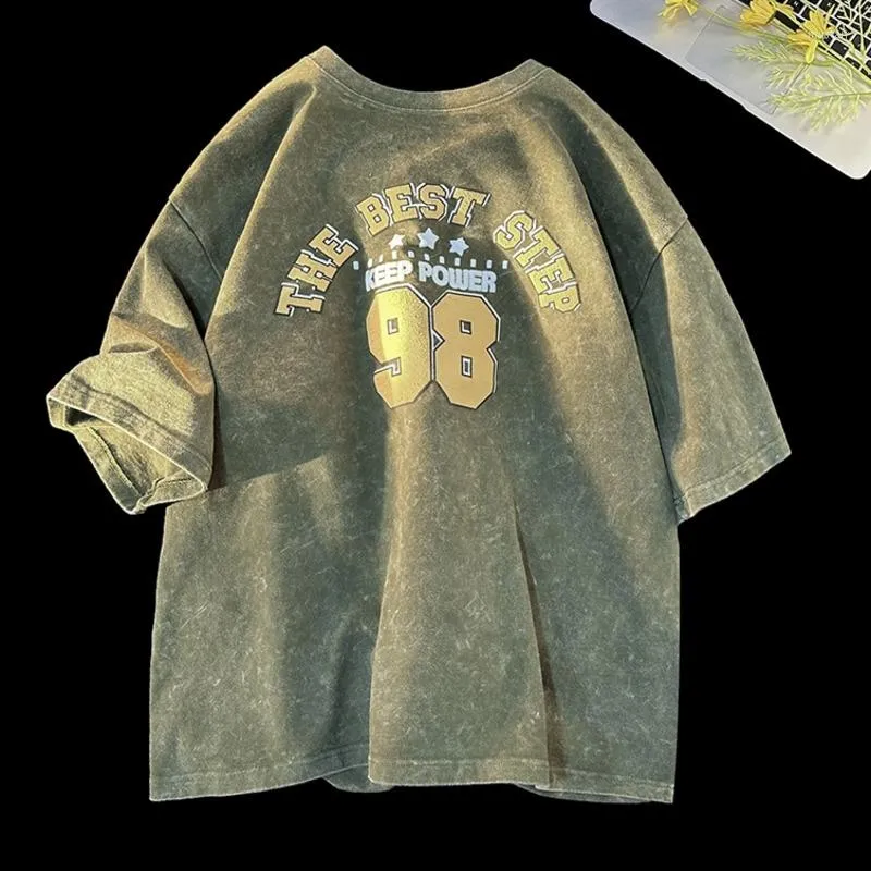 Mäns T-skjortor Syuhgfa 2023 Men's Loose Drop bör T-shirt vintage Acid Wahed American Style Clothing Foaming Print Short Sleeve Man