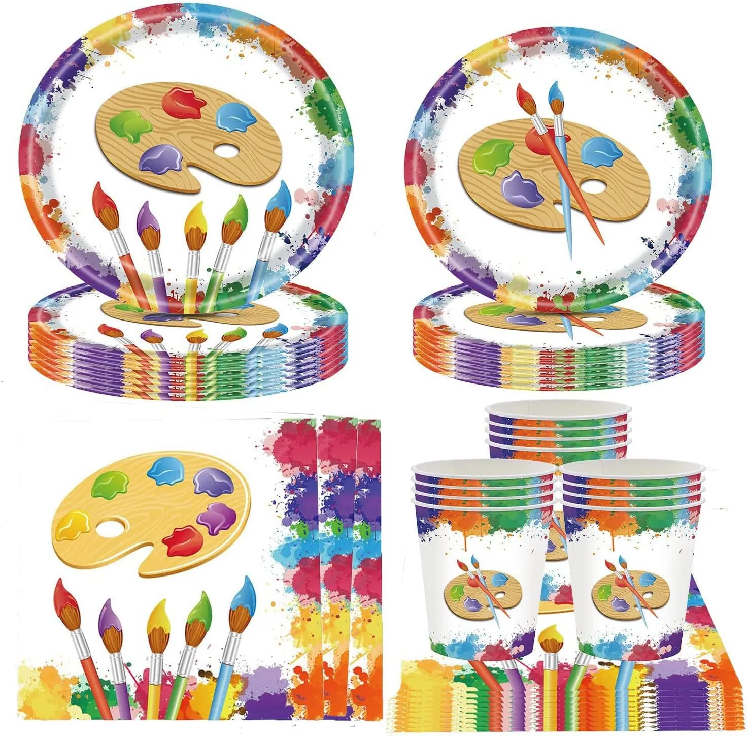 Piatti di carta colorati Piatti e tovaglioli arcobaleno Articoli per feste  Baby Shower Art Painting Set di compleanno per 20 ospiti Kit di colori