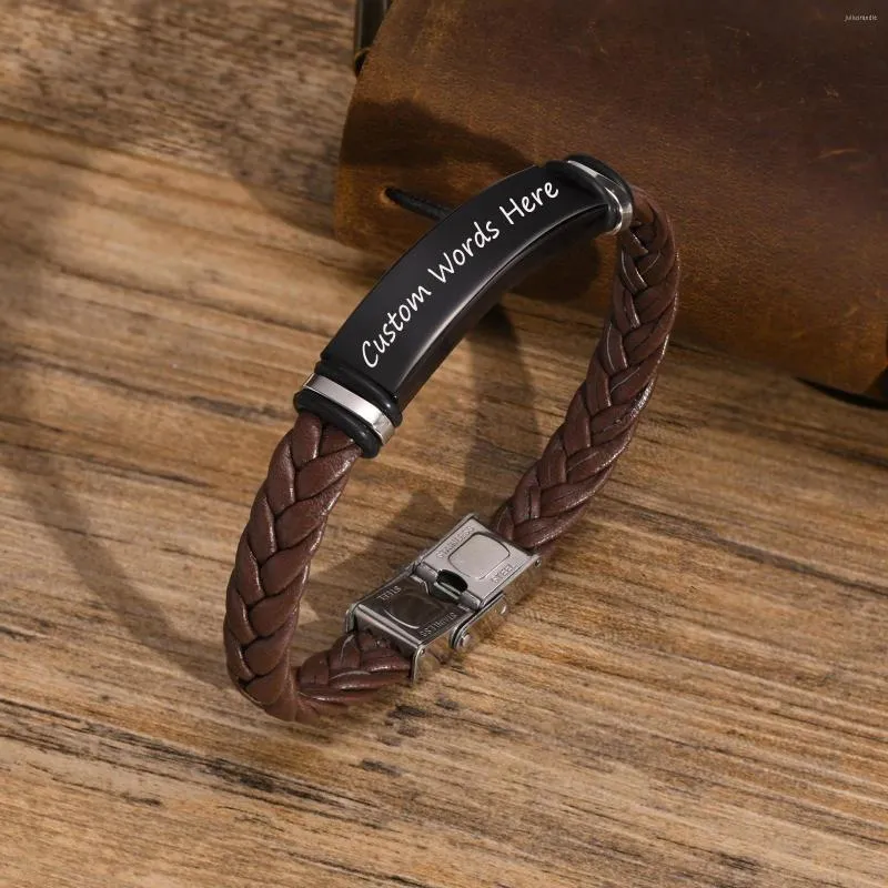 Pulseiras masculinas gratuitas personalizadas personalizadas em aço inoxidável com identificação em barra com corda de couro trançada pulseira masculina casual pulseiras para presente