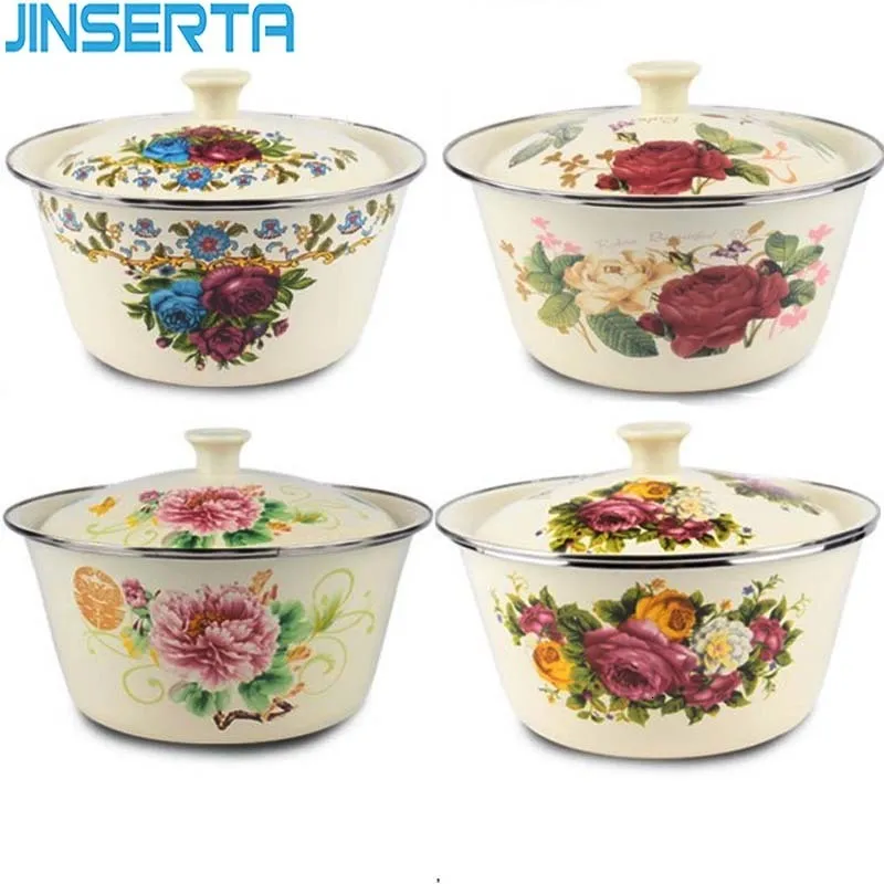 Decorative Plates JINSERTA Enamel Bowl Dish Thickened Large Capacity Vintage with Cover Pots Suitable for Kitchen Refrigerator Storage Food 230615