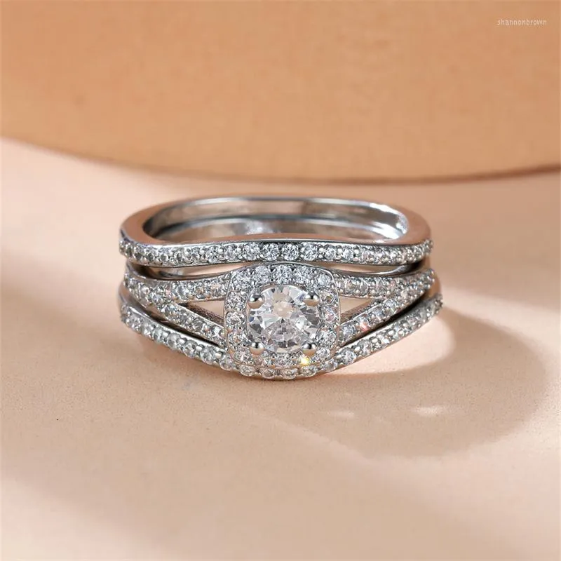 Обручальные кольца роскошные женщины белый циркон тройной кольцо, набор серебряного цвета, обещание, обручавшая для женщин, ювелирные подарки