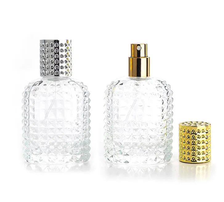 2020 30 ml 50 ml perfumy puste butelki przezroczyste szklane butelki z sprayem z złotymi srebrnymi pokrywkami w zapasach