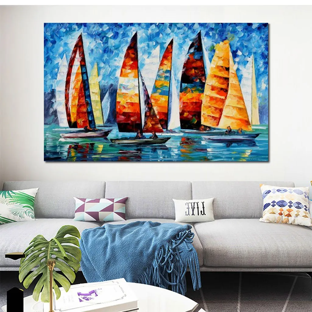 Abstract Wall Art Sail Regatta Handgjorda oljemålning Canvas Artwork Contemporary Home Decor