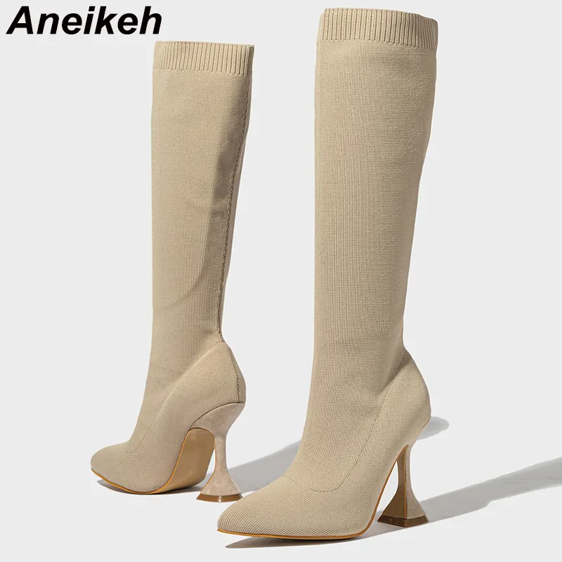 2023 NOVA moda tecido elástico conciso dedo do pé sólido pontudo feminino salto alto acima do joelho botas sapatos de festa costura preto