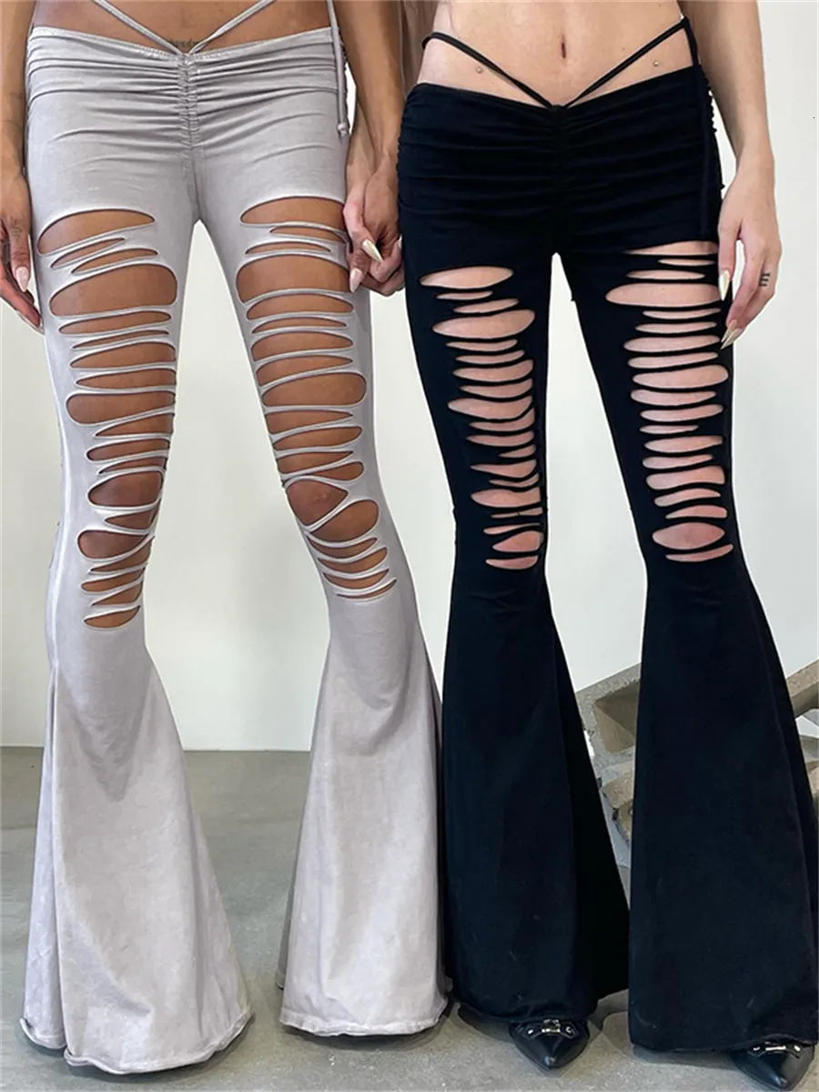 Kadın Pantolon Capris Wsevypo Grunge Retro Düşük Bel İçi Boş Çıkış Kadınlar İçin Alevli Pantolonlar Sokak Stili Çizme İnce Yırtık Delikler Çan Botlar Pants 230615