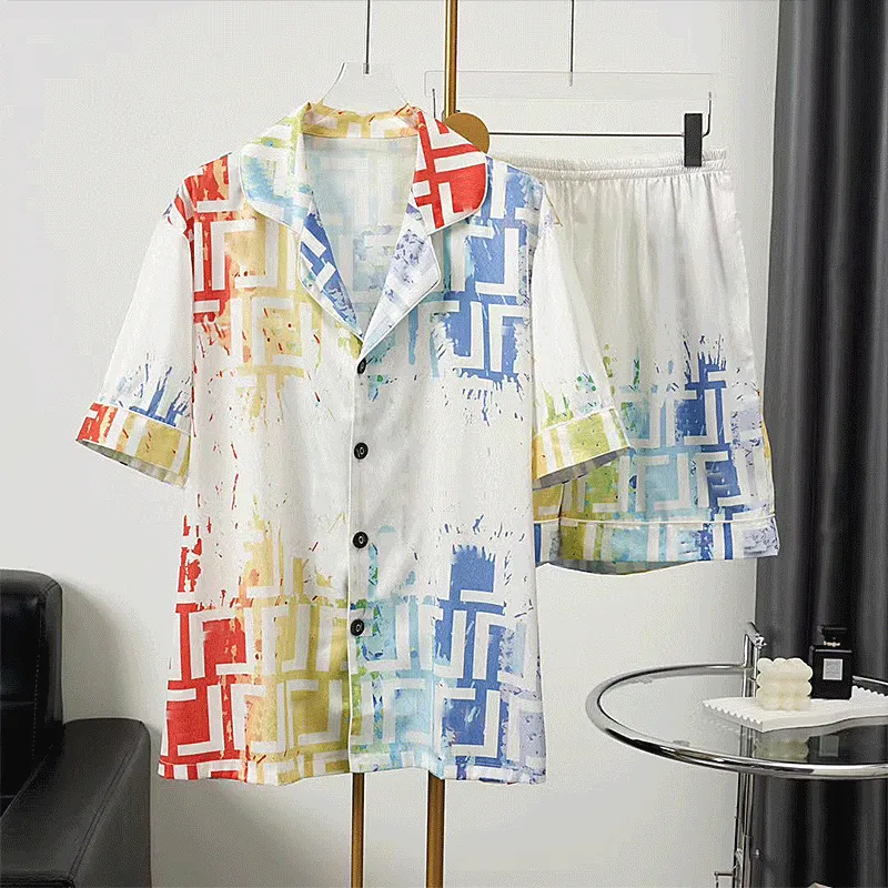 Enkel Jacquard Sleepwear Fashion Casual Par Pyjamas Kort ärm shorts tunt is Silk Home Wear Two Piece Set
