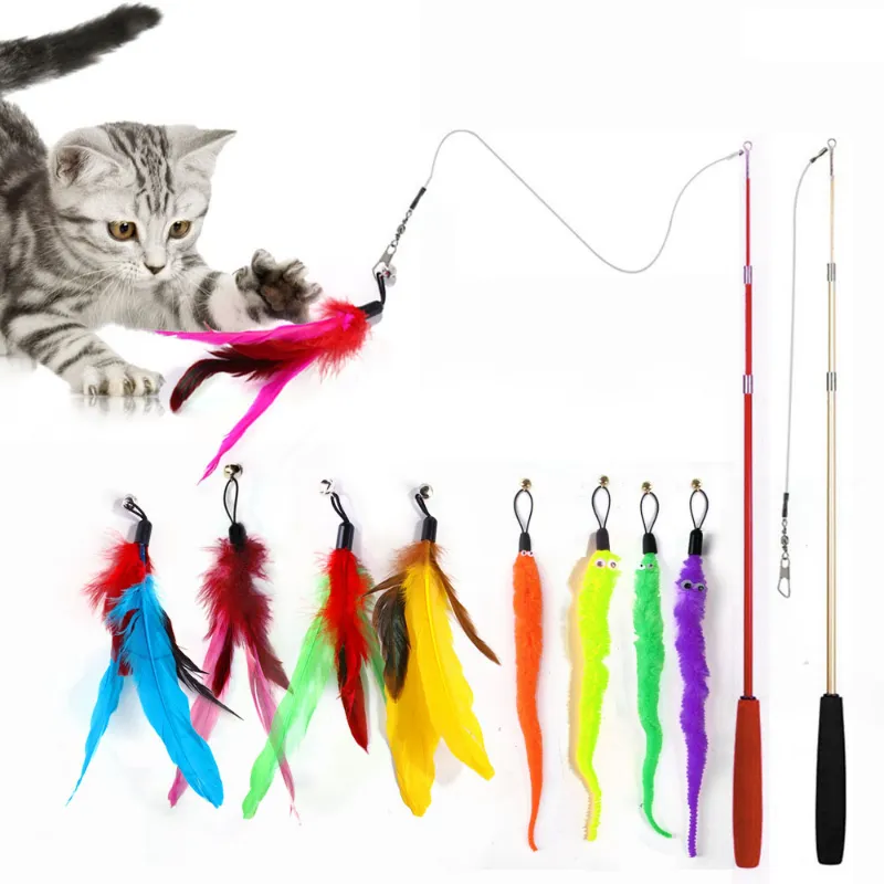 Jouet pour chat de compagnie avec cloche couleur plume jouet canne à pêche tête de remplacement plume drôle chat jouet chat jouets interactif