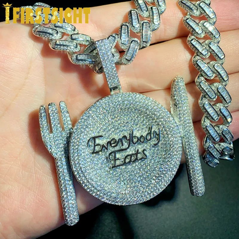 Charms Iced Out Bling CZ Letters Everybody Eats Pendant Necklace Zircon Tableware Charm Necklace Men's Women Hip Hop Jewelry 230615