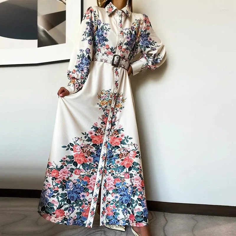 Casual Dresses Women's Dress 2023 Lapel Single Breasted Belt Tall Lengthened Version Temperament Printed