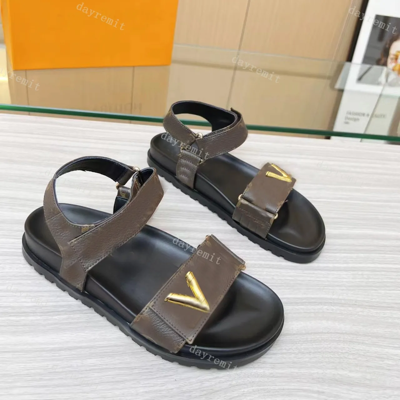 BOM DIA FLAT MULE Schwarze Sandalen Designer Damen Hausschuhe Leder Sandale Sommer Schnalle Flache Slides Plattform Klassische Old Flower Flip Flops Bedruckte Slipper Strandschuhe