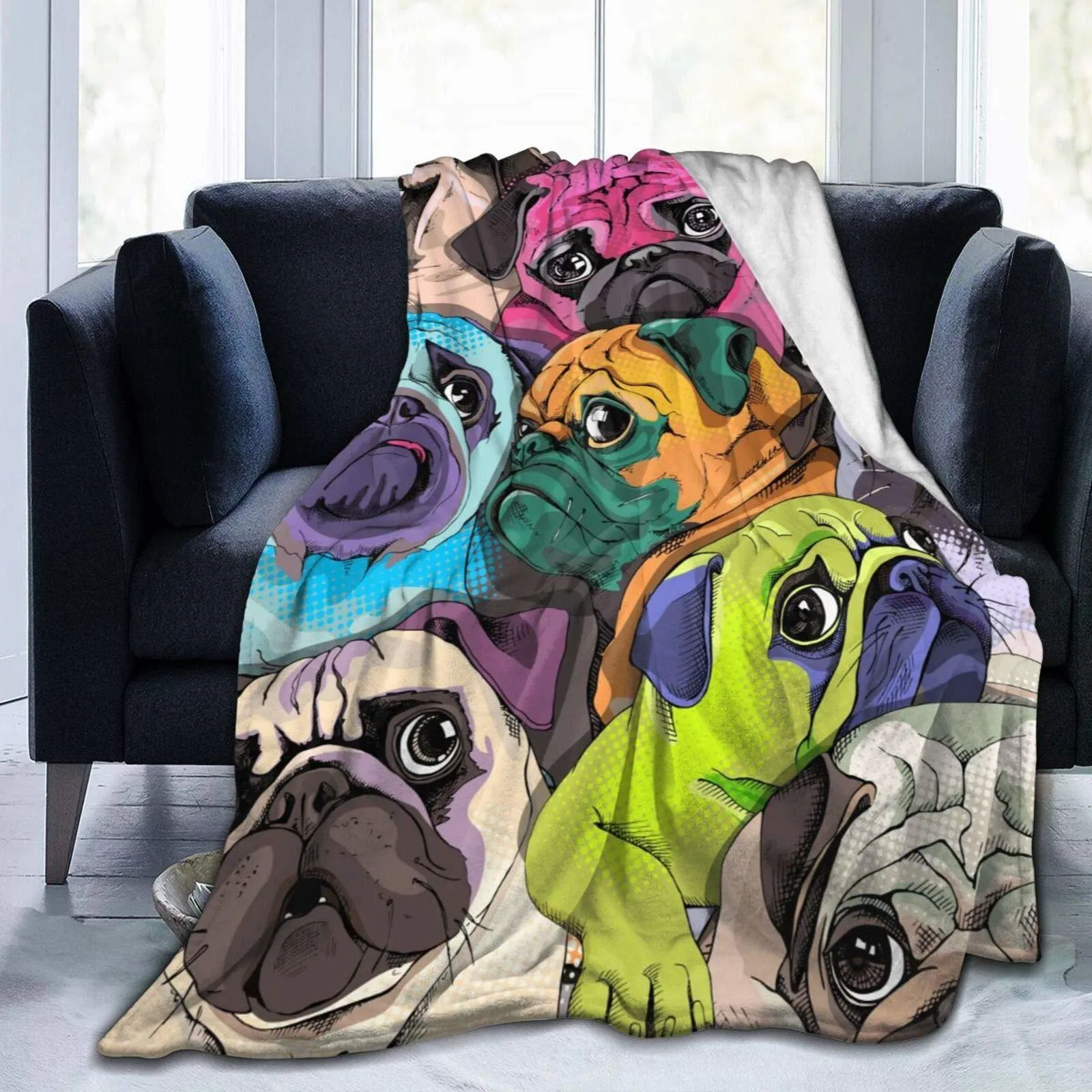 Dekens Kleurrijke Pug Honden Grappige Puppy Fuzzy Flanellen Deken Gooi Super Zacht Lichtgewicht Voor Couch Stoel Slaapbank 230615