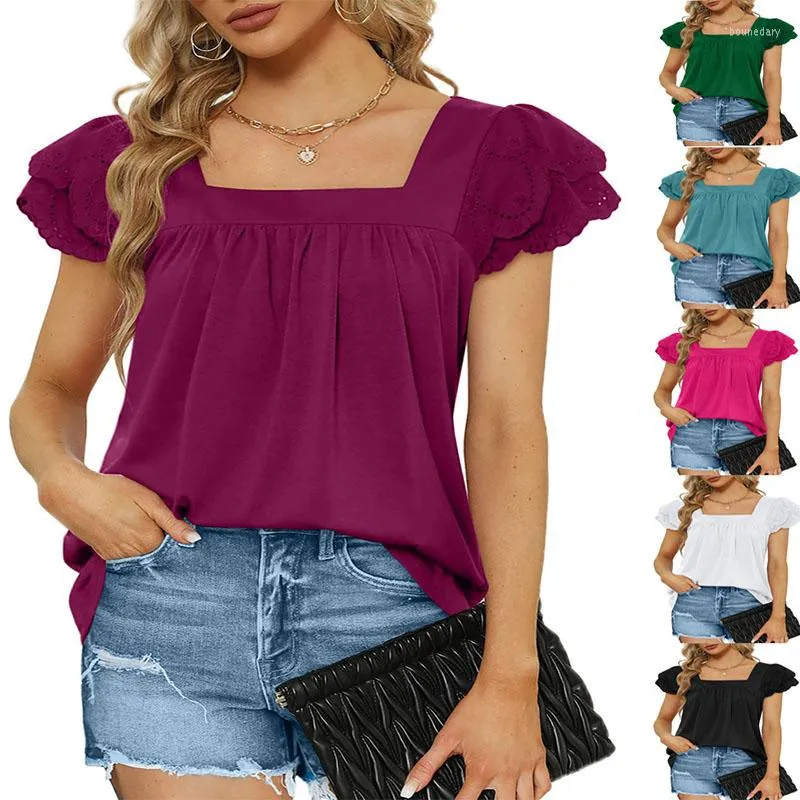 Women's T Shirts 2023 Summer Women's Solid Color Loose U-neck Double-layer Lace Short-sleeved T-shirt Top