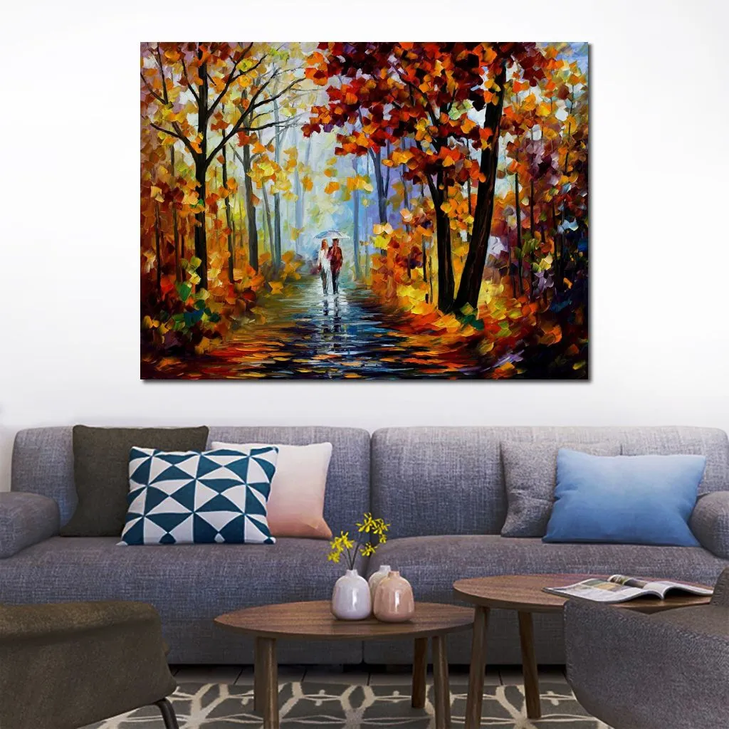 Vibrant Oil Painting Street Landscape Rain in The Woods Handmade Canvas Art Contemporary Loft Decor