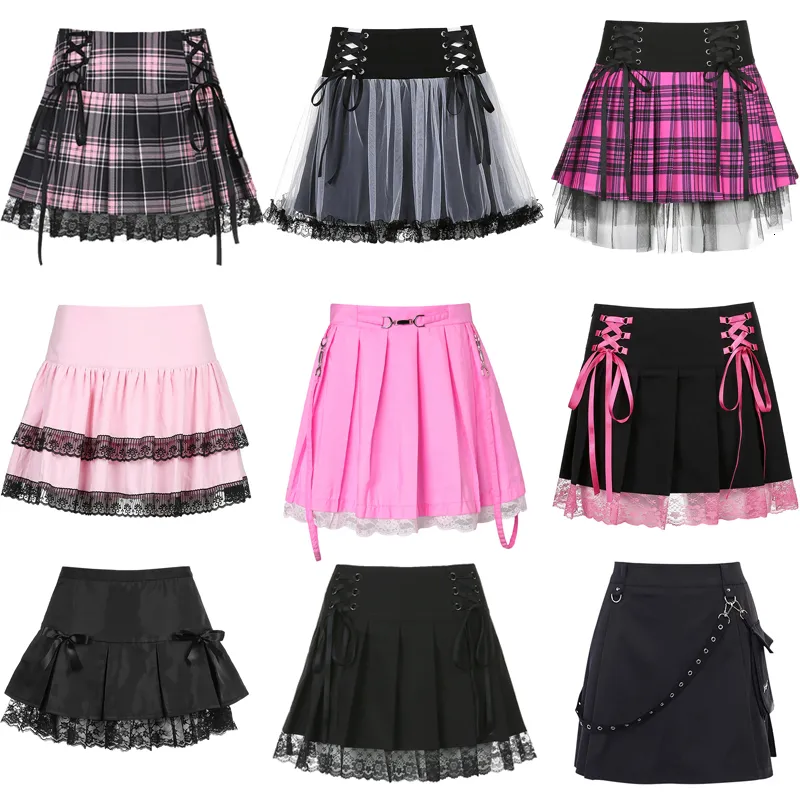 Skirts E-girl Gothic Lace Mini Pleated Skirt Women Punk Y2K Aesthetic High Waist A-Line Short Skirt 90s Vintage Harajuku Streetwear 230615