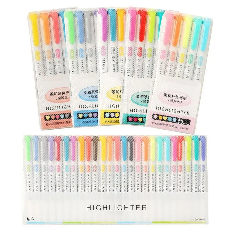 Markers 15/25 Colors Cute Double Head Highlighter Pen Art Marker Japanese Sofe Color Fluorescent Pen School Office Stationery 230615