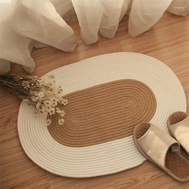 Carpets Japan Style Hand-Woven Jute Floor Door Mat Cotton And Linen Color Block Non-Slip Oval Home Bathroom Carpet Dust Removal