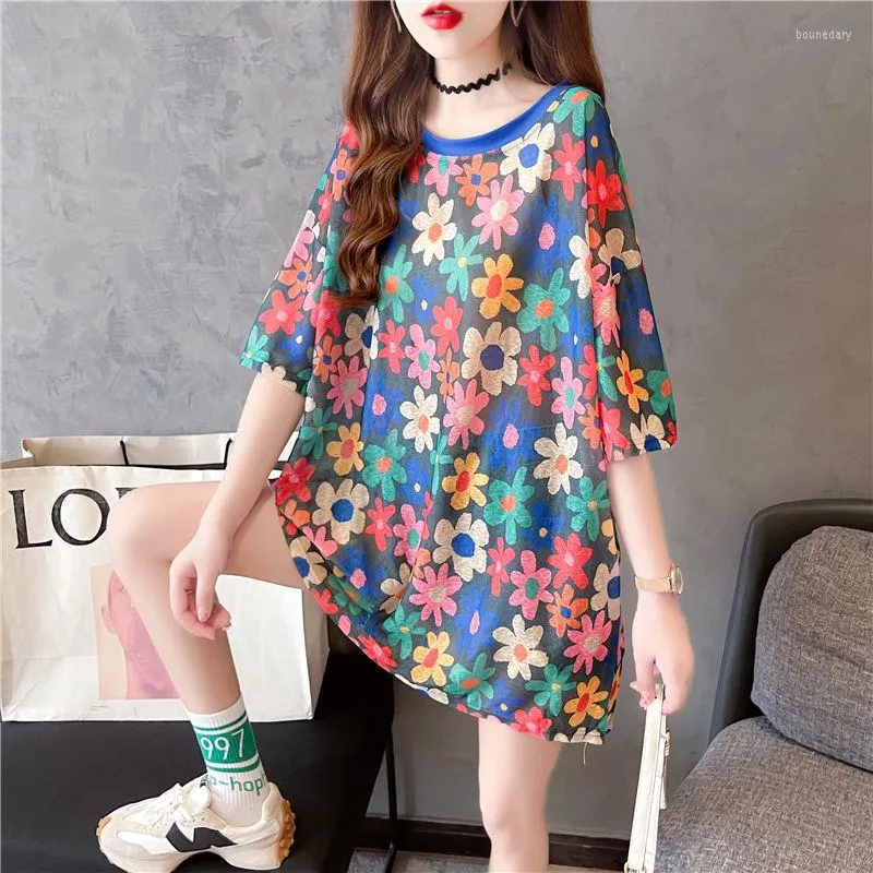 T-shirts pour femmes mignons fleurs imprimer t-shirt hauts femmes à manches courtes Ulzzang chemise été dames surdimensionné longue robe