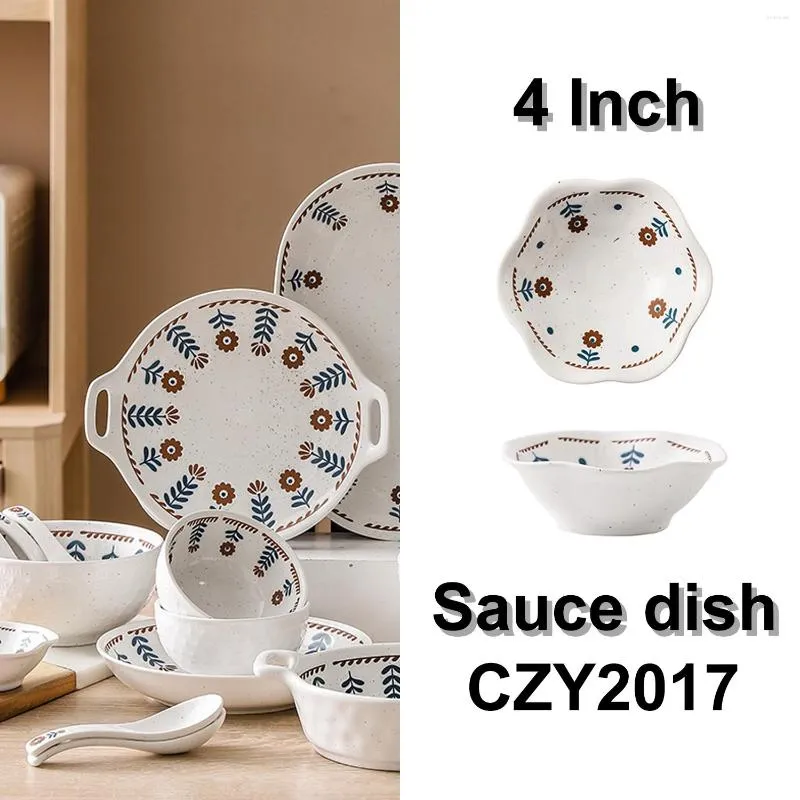 Assiettes Bleu Petite Fleur Céramique Sauce Plat Qualité Vaisselle En Porcelaine Ensemble Bol Assiette Cuillère Plat De Cuisson Avec Poignée CZY2023