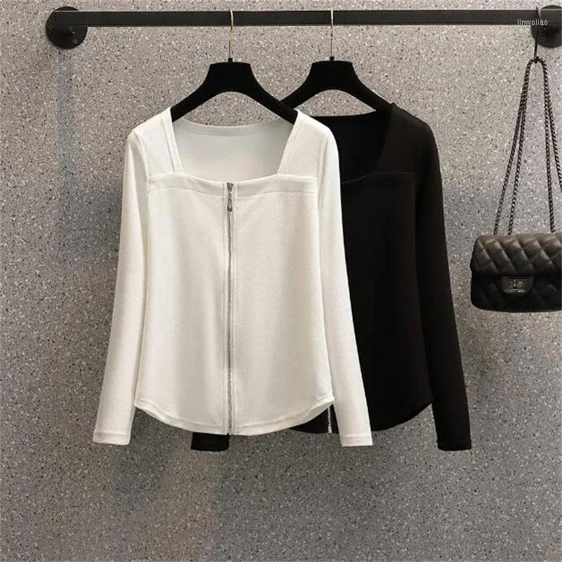 Kvinnorjackor Kvinnokläder 2023 Spring Summer Autumn Korean Fashion Zipper Jacket Square Collar Slim Black White T-Shirt Topps