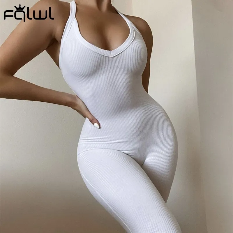 Women's Jumpsuits Rompers FQLWL Summer Streetwear Outfit Jumpsuits Women Romper Backless Ribbed Sleeveless Black Gray Bodycon Jumpsuit Female 230615