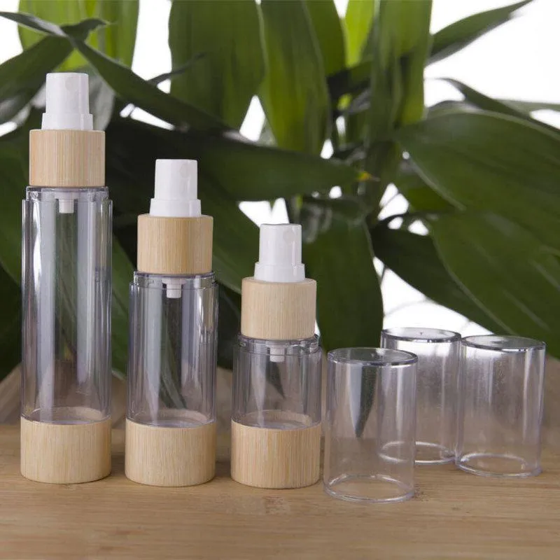 50pcs 20/30/50/80/100 / 120ml Botella cosmética de bambú Envases de muestra Loción de emulsión Botellas de bomba sin aire de vacío de bambú F2687 Dhqca