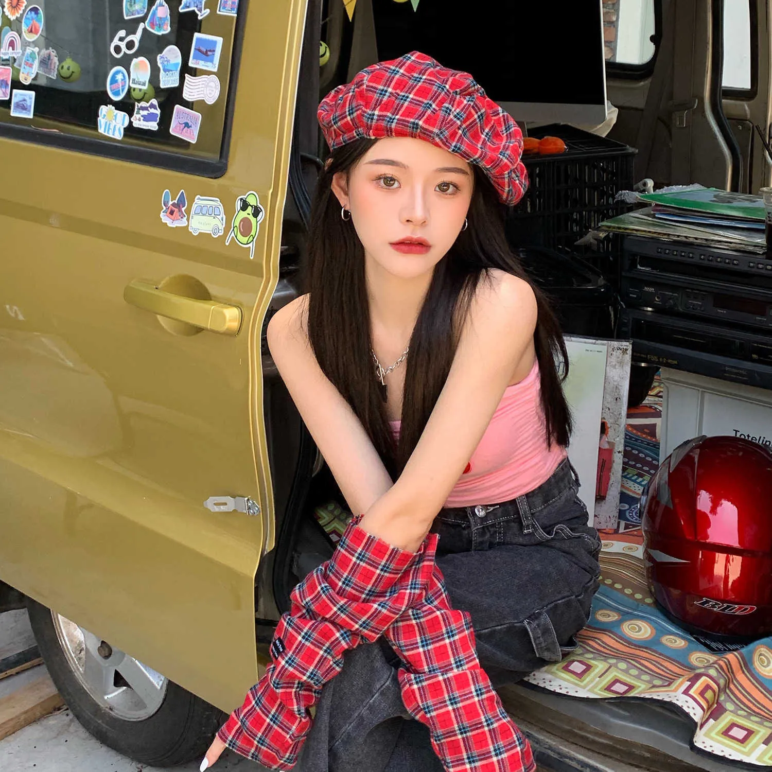 ベレット韓国の新しいスタイルの赤い格子縞のベレー帽の春と秋のニッチクラウドハットインゼラフィッシュハットサマーZ0616