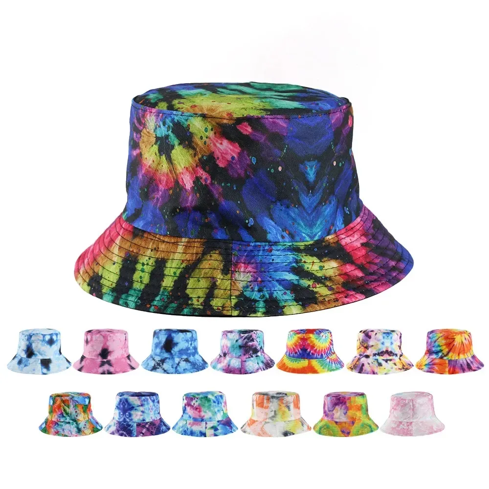 43 kleuren Zomer Tie Dye Emmer Hoeden Mode Regenboog Kleurendruk Emmer cap Panama Dubbelzijdig Vissen Hoed Mannen en Vrouwen Zon