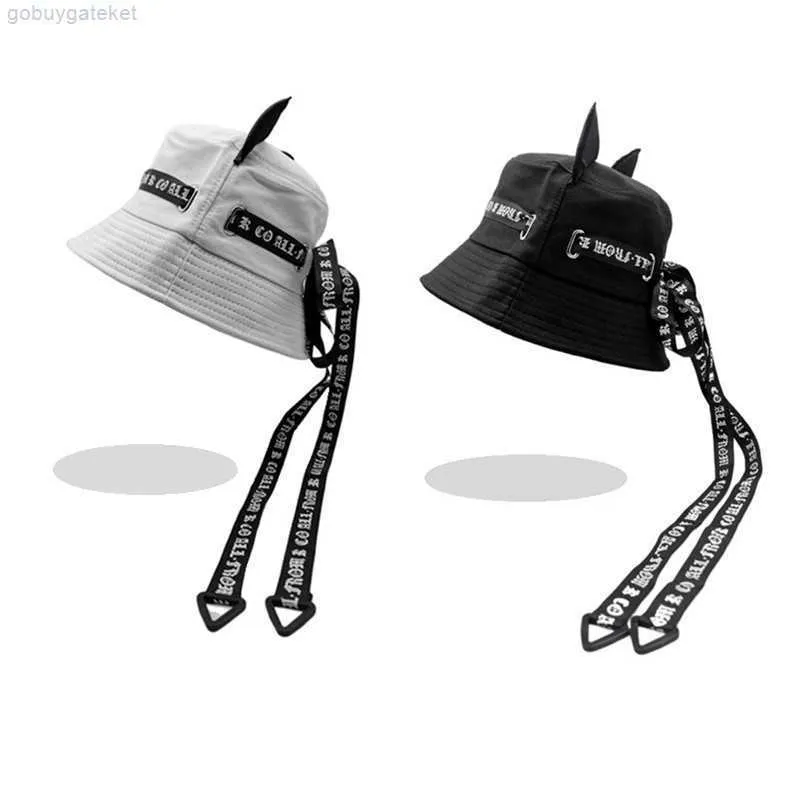 Gorro/crânio Offss Bonés Moda Fofo com Orelhas de Gato (Pão em Forma de Orelha de Gato Cozido no Vapor) Chapéu Balde Streamer Masculino Protetor Solar de Verão Versátil Casual Bacia Sun CartoonS8TX