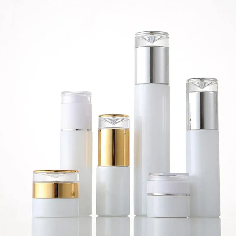 白いガラス化粧瓶ローションポンプボトルアトマイザースプレーボトルアクリルドロップリッド20g 30g 50g 20ml -120ml vrkur