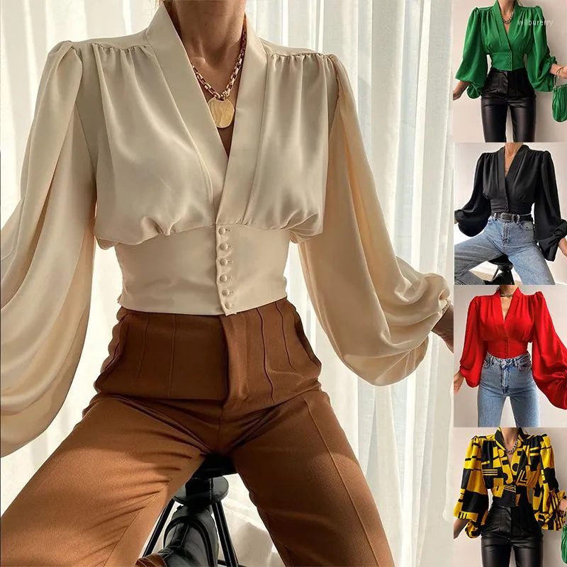 Women's Blouses Elegant Women Long Lantern Sleeve Blouse Shirts Summer Spring Female Corset Crop Tops 2023 Wedding Party