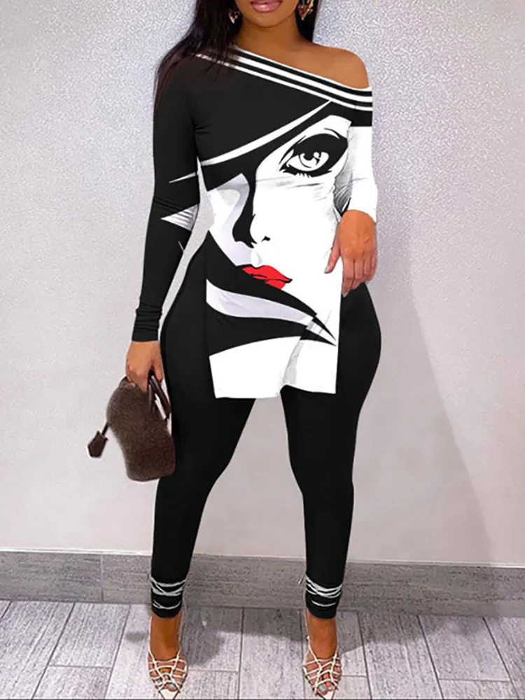 Women's Two Piece Pants Skew Collar Pullover Top Slim Fit Pants Suit Elegant Women Printed Long Sleeve Pant Suit Female Streetwear Vintage Two Piece Set 230615