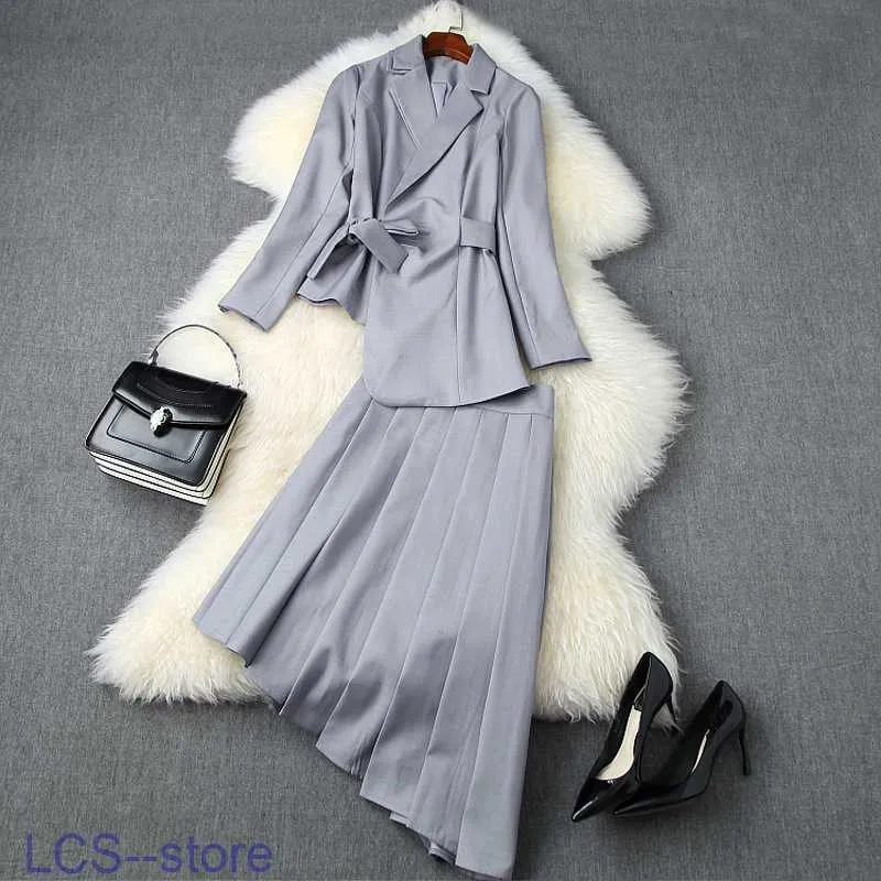 Two Piece Dress 2020 Fall Autumn Long Sleeve Notched-lapel Grey Pure Color Waist Belt Blazers + Pleated Asymmetry Skirt 2 Pieces Set Lag1211171