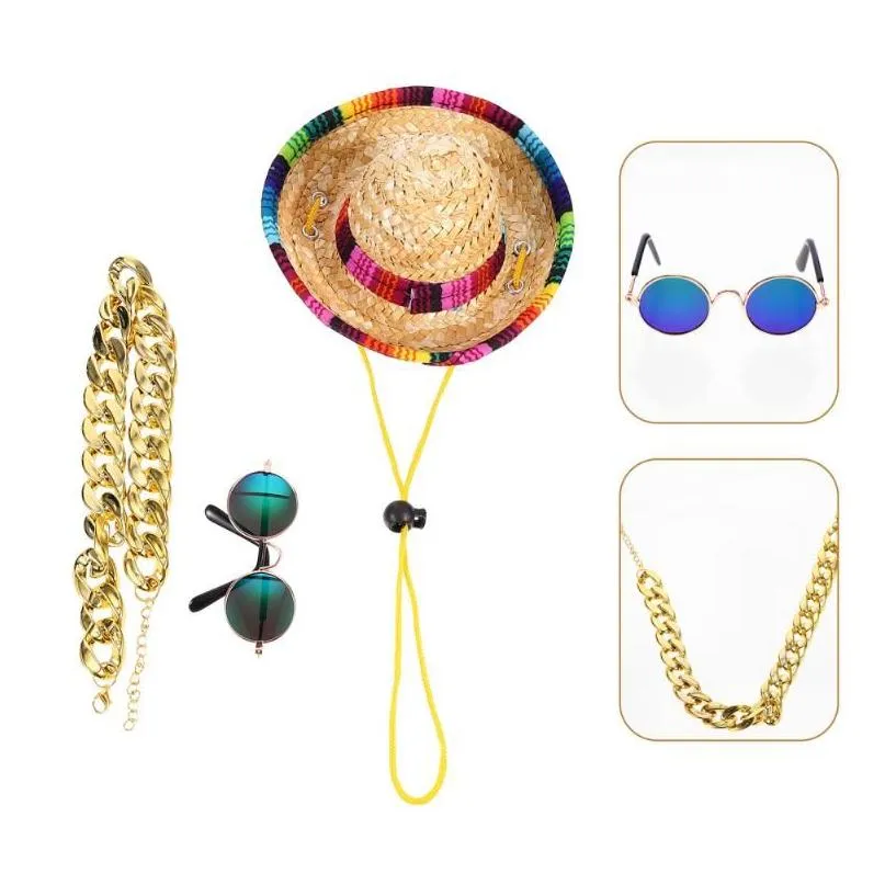 Dog Apparel 3Pcs Mini Sombrero Mexican Hats Classic Pet Sunglasses Adjustable Gold Chain Drop Delivery Home Garden Supplies Dh2Lo