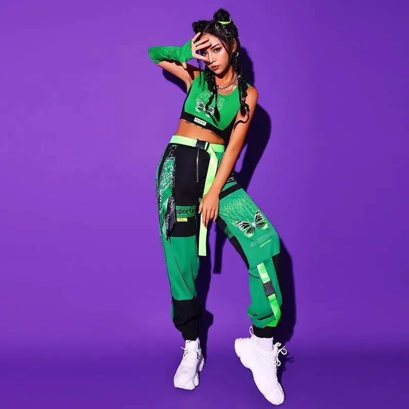 Женские штаны с двумя частями Green Kpop Stage Street Street Hip Hop Dance Одежда для женщин Rave Ware Jazz Performance Bar DJ Group Girl Suits Top Tans 230615