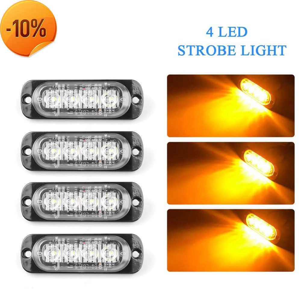 New 4PCS Amber 4 LED 36W 6500k Light Bar Car Truck Hazard Beacon Warning Lamp Grill Breakdown DC12V Amber Led Lamp Accessories