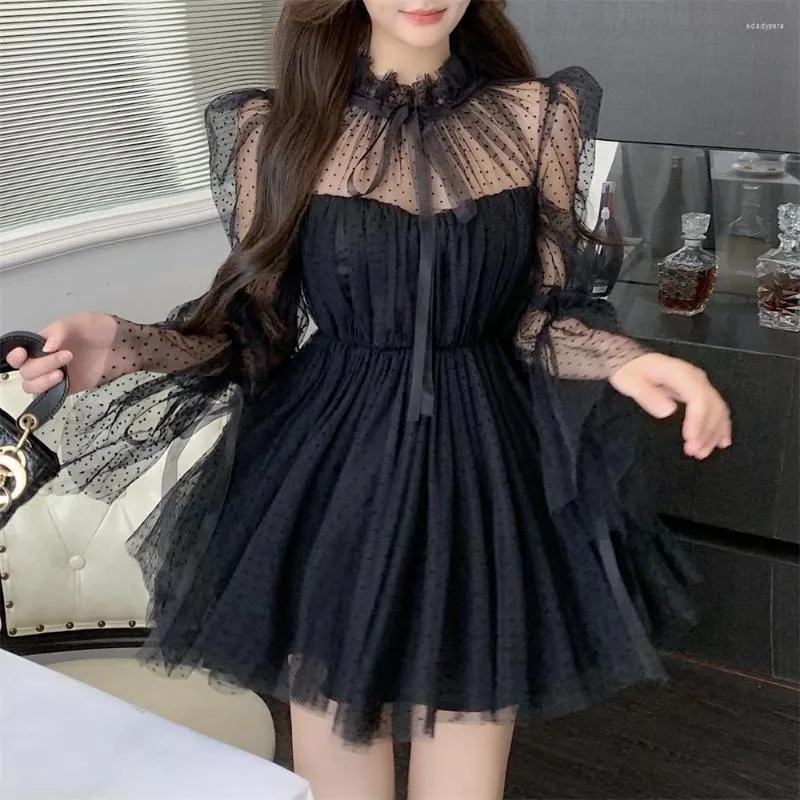 Casual Dresses 2023 Brand Stand Collar Flare Sleeve Women Tulle Dress Transparent Mesh Polka Dot Cute Mini Vestidos Mujer