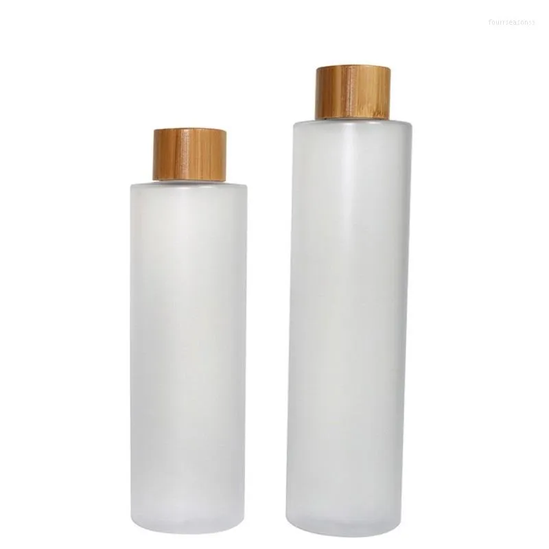 Bouteilles de stockage Couvercle en bois de bambou Frost Plastic Toner Bottle 200ML 250ML 300MLCosmetic Packaging Vide PET Rim 24mm Round Flacons rechargeables