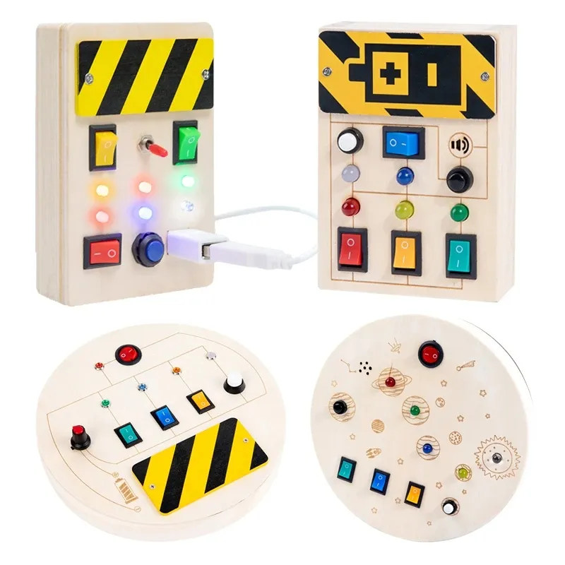الأطفال الإلكترونية المشغولة على متن الأطفال LED LED LED Switch Wooden Sensory Toys الأطفال الصغار الذين يتعلمون ألعابًا تعليمية معرفية هدية لعبة ذكاء.
