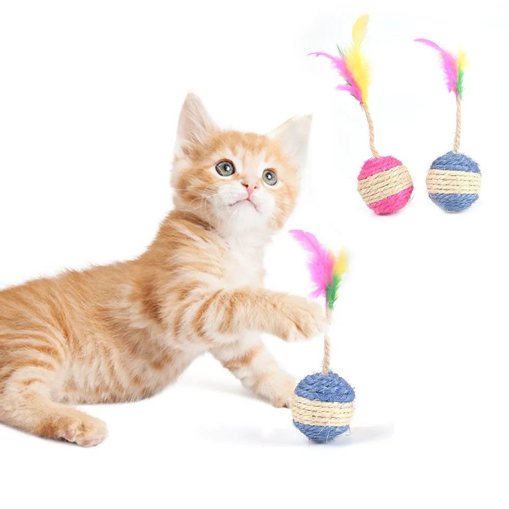 Cat Toy Cat Sisal Scratching Ball Feather Pet Training Interactive Toy for Kitten Cat levererar roliga lekspel katttillbehör