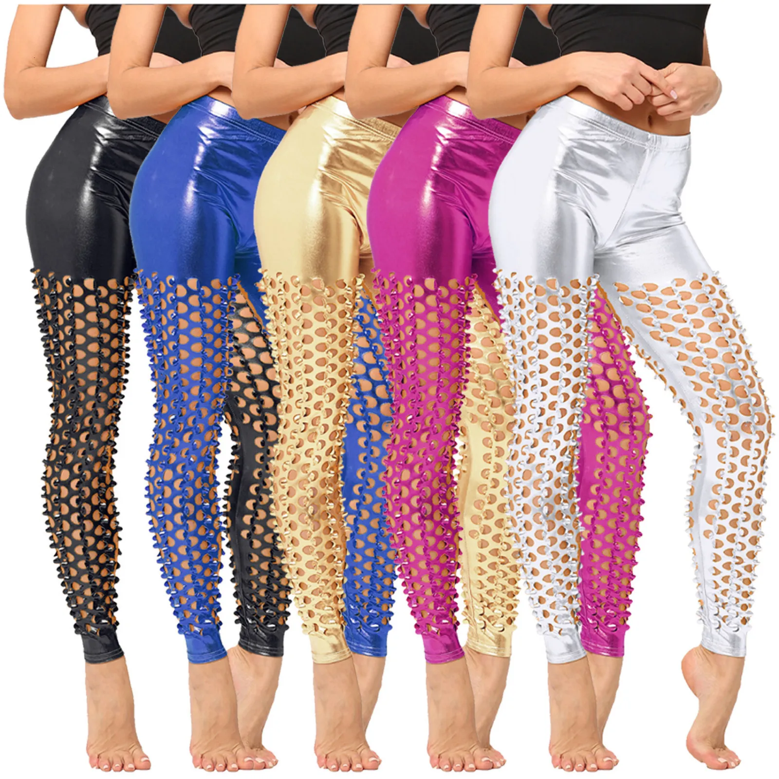 Kvinnors byxor capris punk gotiska byxor kvinnors glänsande paljett ihåliga leggings sexiga höga midja persika höfter byxor fitness gym stretchy rock jegings 230615