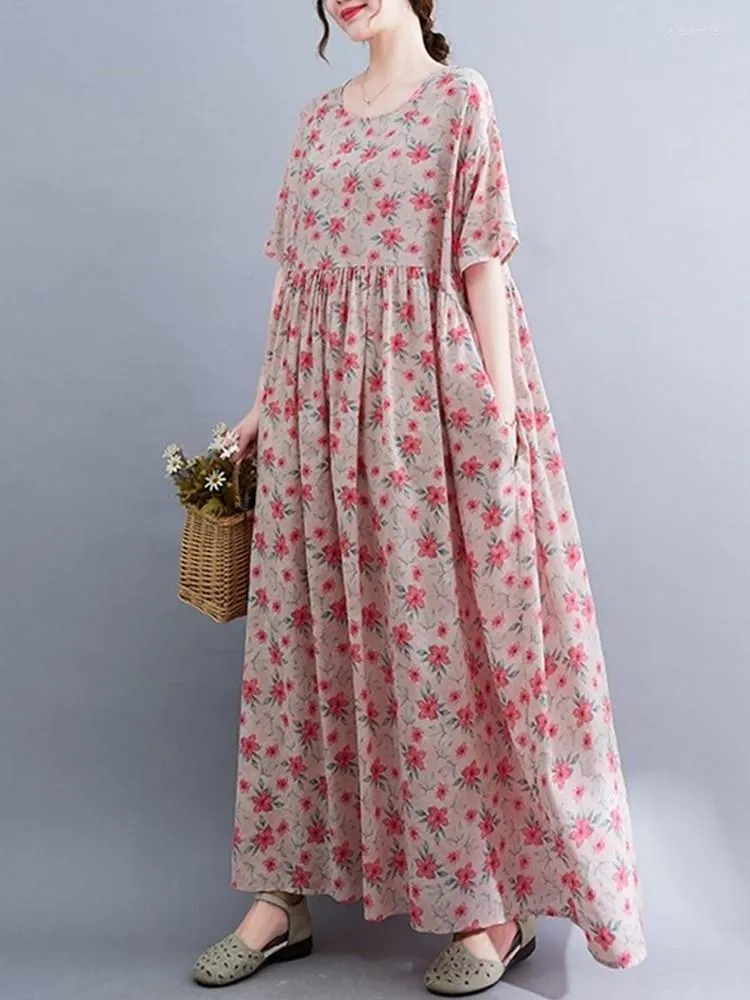 Casual klänningar Kort ärm överdimensionerad bomullsvintage blommor för kvinnor Loose Long Summer Woman Dress Elegant Clothing 2023 Robe